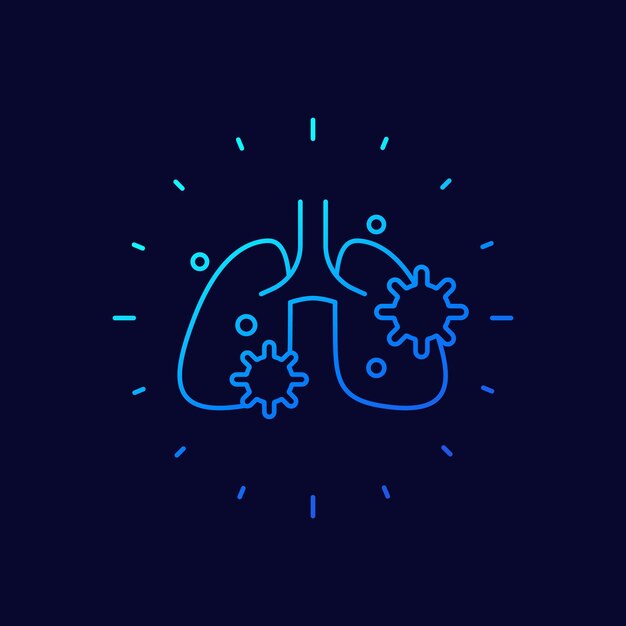 Icona della linea di polmonite con vettore di virus e polmoni