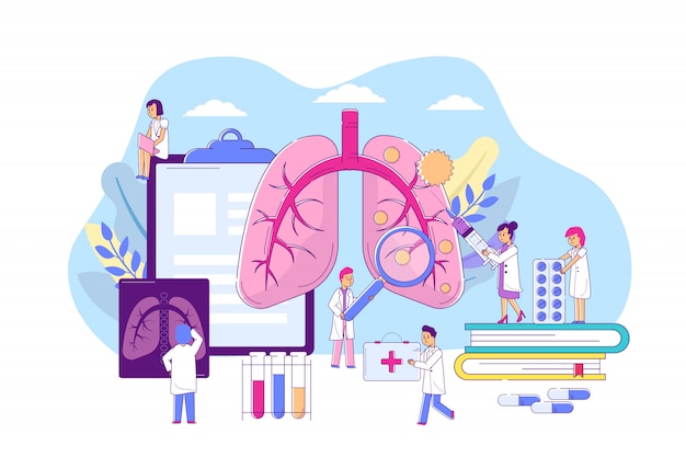 Pneumonia lungs disease,   illustration. respiratory organ illness, medical diagnosis, treatment by professional doctor.