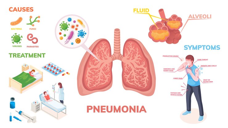 Vector pneumonia lungs disease infographics on symptoms