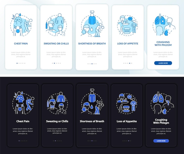 Pneumonia signs onboarding mobile app page screen. breath shortness walkthrough 5 steps graphic instructions with concepts. ui, ux, gui vector template with linear night and day mode illustrations