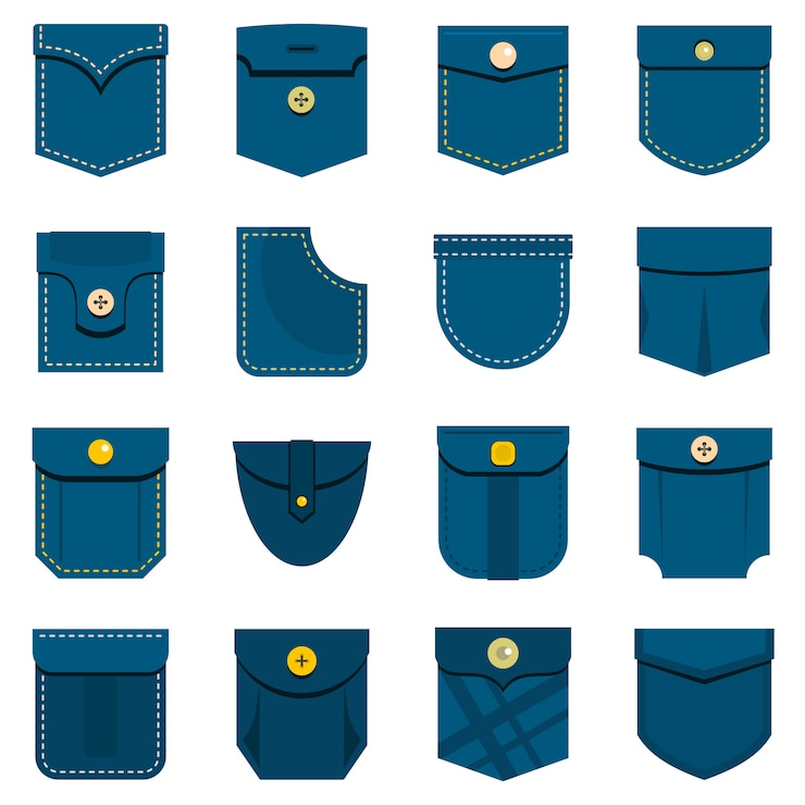 Vector pocket types icons set in flat style