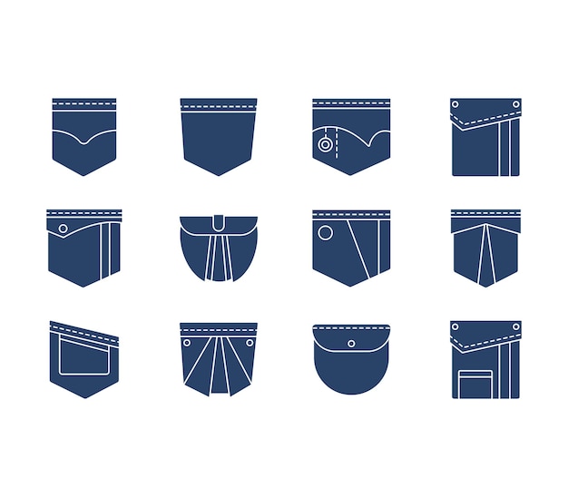 Pockets and denim patch icon set