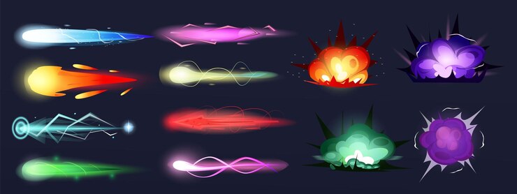 Vector poda technology blast shots effect comic energy ray or blaster attack combat games futuristic power laser lighting fire explosion plasma burst vector recent cartoon elements set