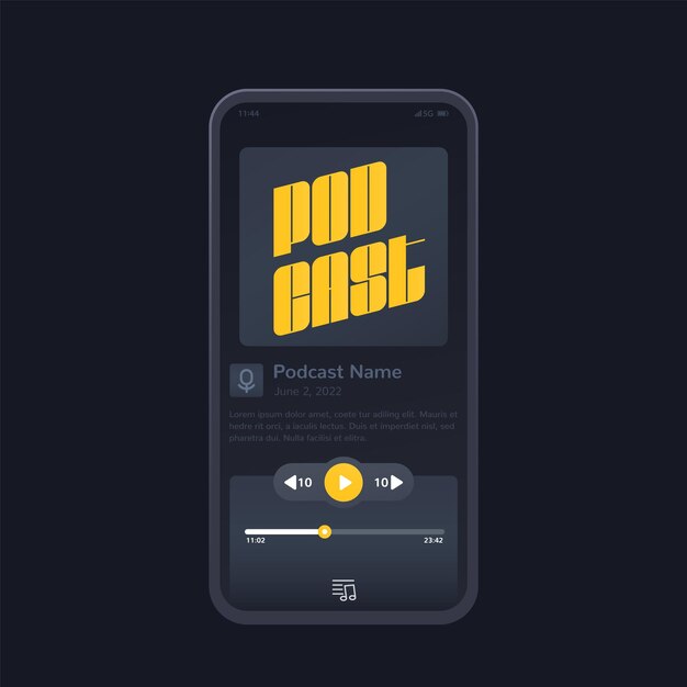 Vector podcast app and player mobile ui design interface with phone mockup