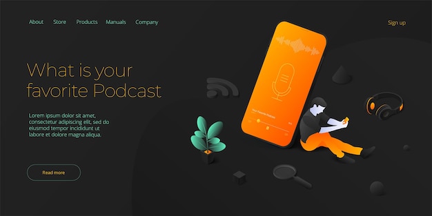 等角投影ベクトル図のポッドキャストアプリケーションの概念。スマートフォンを介したデジタル放送またはオンラインストリーミングサービス。 webバナーレイアウトテンプレート。