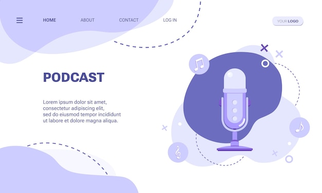 Banner web o modello di pagina di destinazione per podcast o streaming audio con illustrazione del microfono