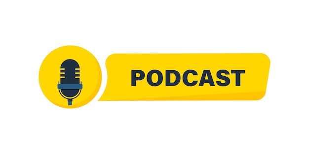 Podcast-banner, -label of -knop met microfoonteken op de achtergrond. Vector illustratie