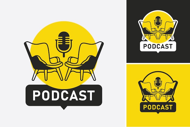 Vettore podcast broadcast studio logo divano microfono microfono intrattenimento