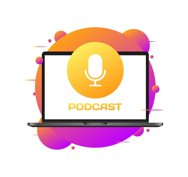 Vector podcast button flat color laptop screen podcast button microphone in a circle laptop screen podcast button vector icon