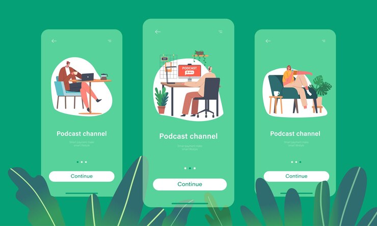 Vector podcast channel mobile app page onboard screen template people listening audio programs in headphones