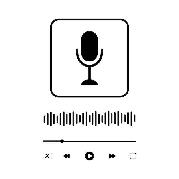 Podcast concept. Audio player interface with microphone sign, sound wave, loading bar and buttons