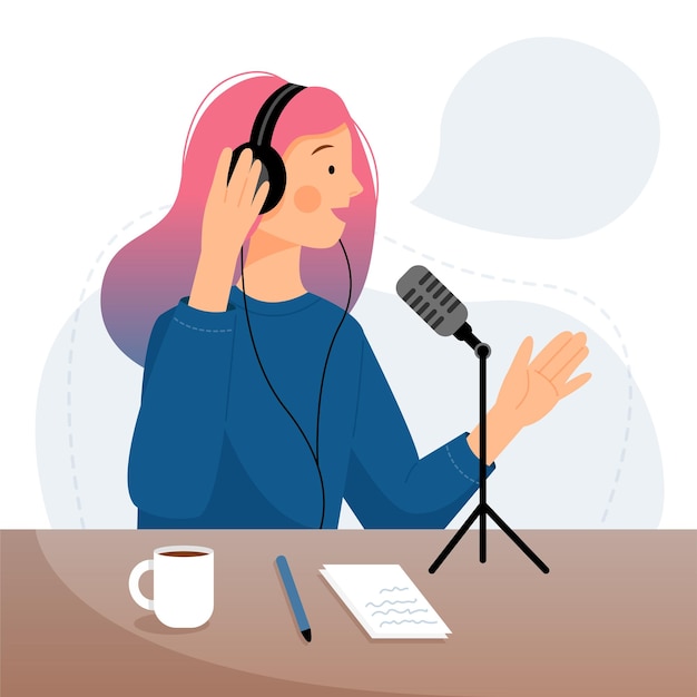 Podcast concept Cute woman in headphones speaks into the microphon