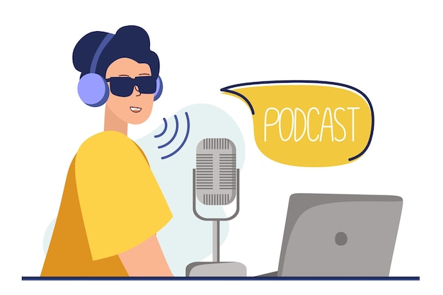 Concetto di podcast un'illustrazione del podcast una ragazza che parla in un microfono e si siede