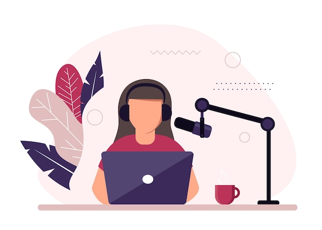 Vector podcast concept illustration podcaster talking to microphone recording podcast