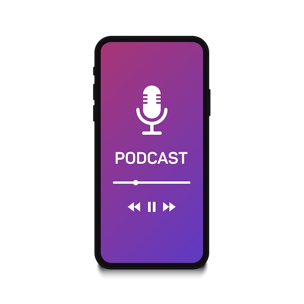 Podcast-concept Podcast-app op smartphone podcaster die in microfoon spreekt Mediaspeler-app