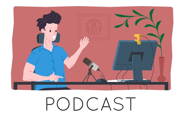 Podcast concept. podcasting cartoon illustration. podcaster speaking in microphone and recording audio podcast or online show. radio presenter broadcasts on the radio. vector flat illustration.