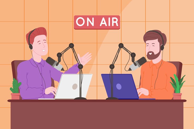 Podcast concept. Podcasting cartoon illustration. Podcaster speaking in microphone and recording audio podcast or online show. Radio presenter broadcasts on the radio. Vector flat illustration.