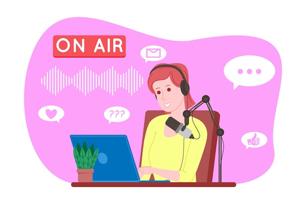Podcast concept. podcasting cartoon illustration. podcaster speaking in microphone and recording audio podcast or online show. radio presenter broadcasts on the radio. vector flat illustration.