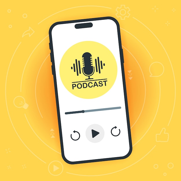 Vettore concetto di podcast vista dall'alto di uno smartphone con un'app di ascolto podcast sullo schermo internet mostra podcast radio illustrazione vettoriale piatta