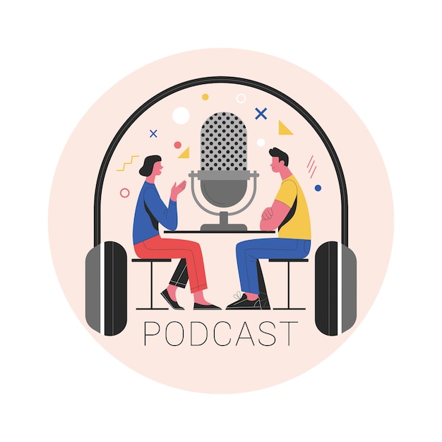 Vector podcast concept vector illustration of two people talking in an abstract studio t