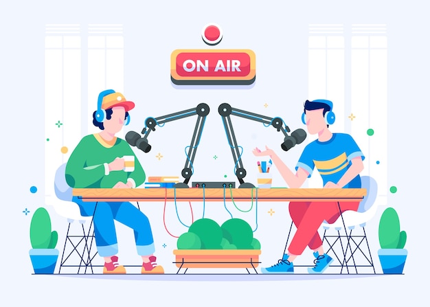 Vector podcast concept with characters two people are doing the podcast podcast