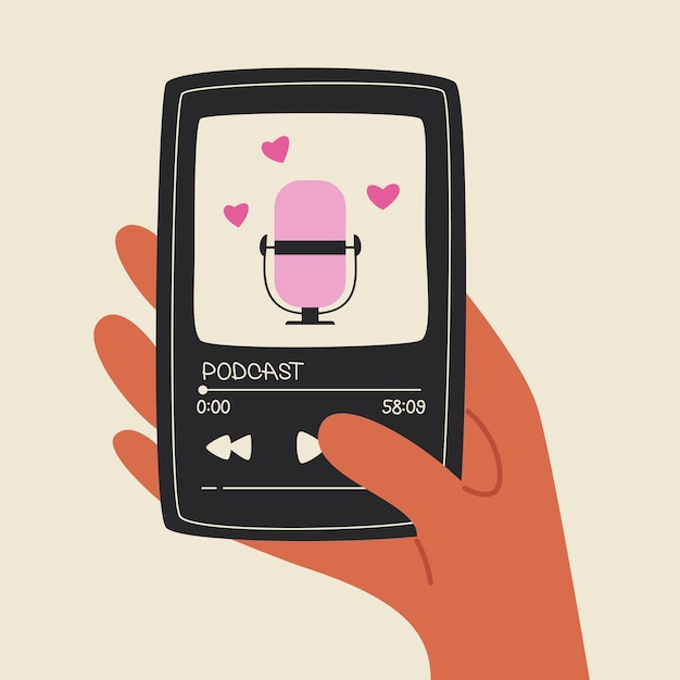 Podcast cover, interview. Hand holds podcast app in smartphone. Vector illustration in trending