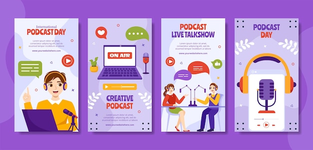 Podcast Day Social Media Stories Flat Cartoon Hand Drawn Templates Background Illustration