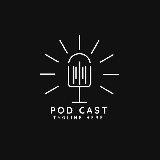 Podcast eenvoudig logo-ontwerp met minimalistische pictogrammalplaatje voor geluidsrecorder in lijnstijl