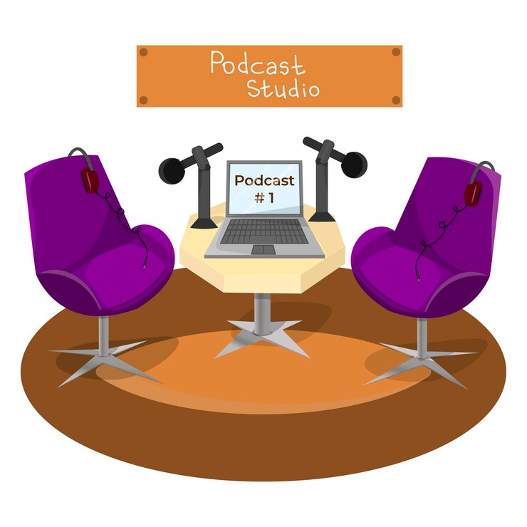 Podcast en radiostudio voor het opnemen van presentatoren en gasten.