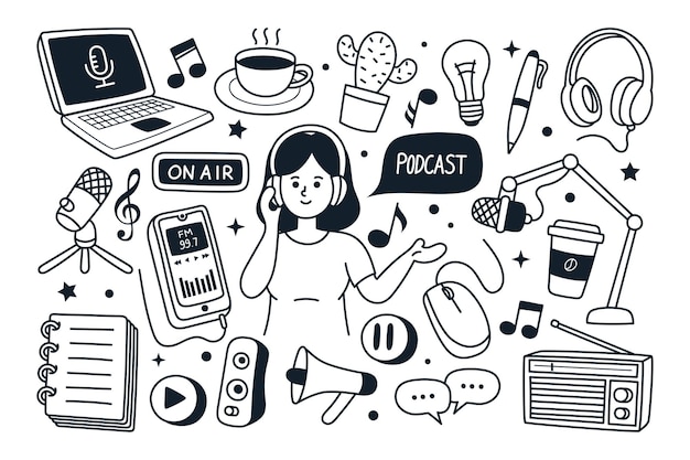 Podcast doodle disegnato a mano illustrazione vettoriale