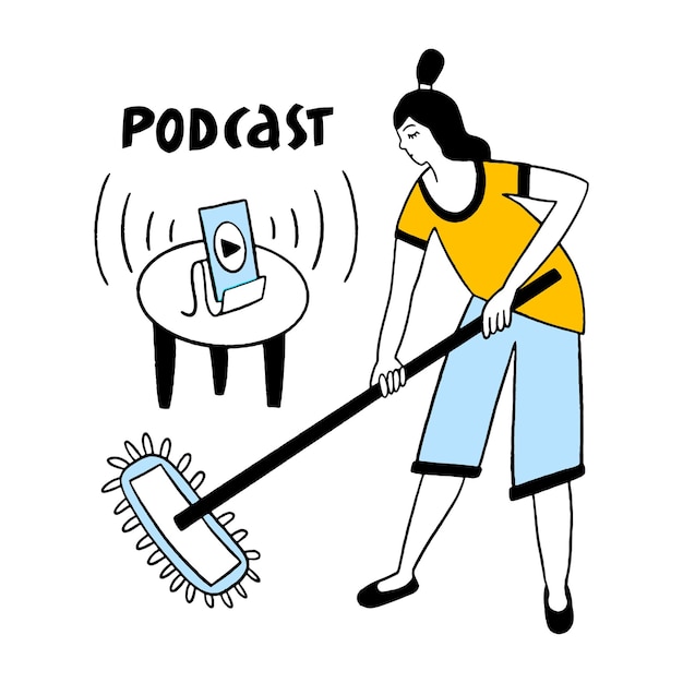 Podcast hand getekende vector belettering Podcast en multitasking concept Meisje luistert naar podcasts