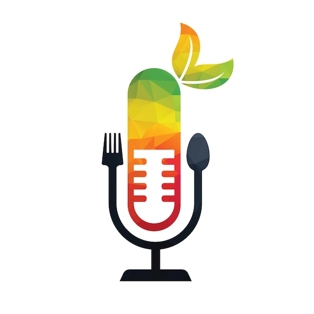 Podcast and Healthy food logo icon designs vector Fork and spoon around a mic