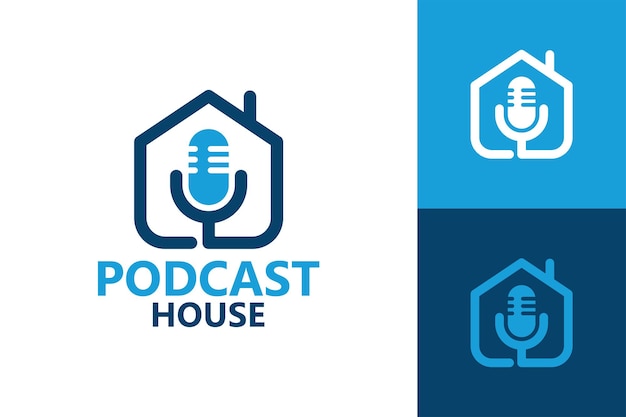 Podcast home, microphone and house logo template premium vector