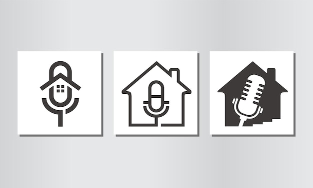 Podcast huis lijn kunst logo ontwerp pictogram vector inspiratie