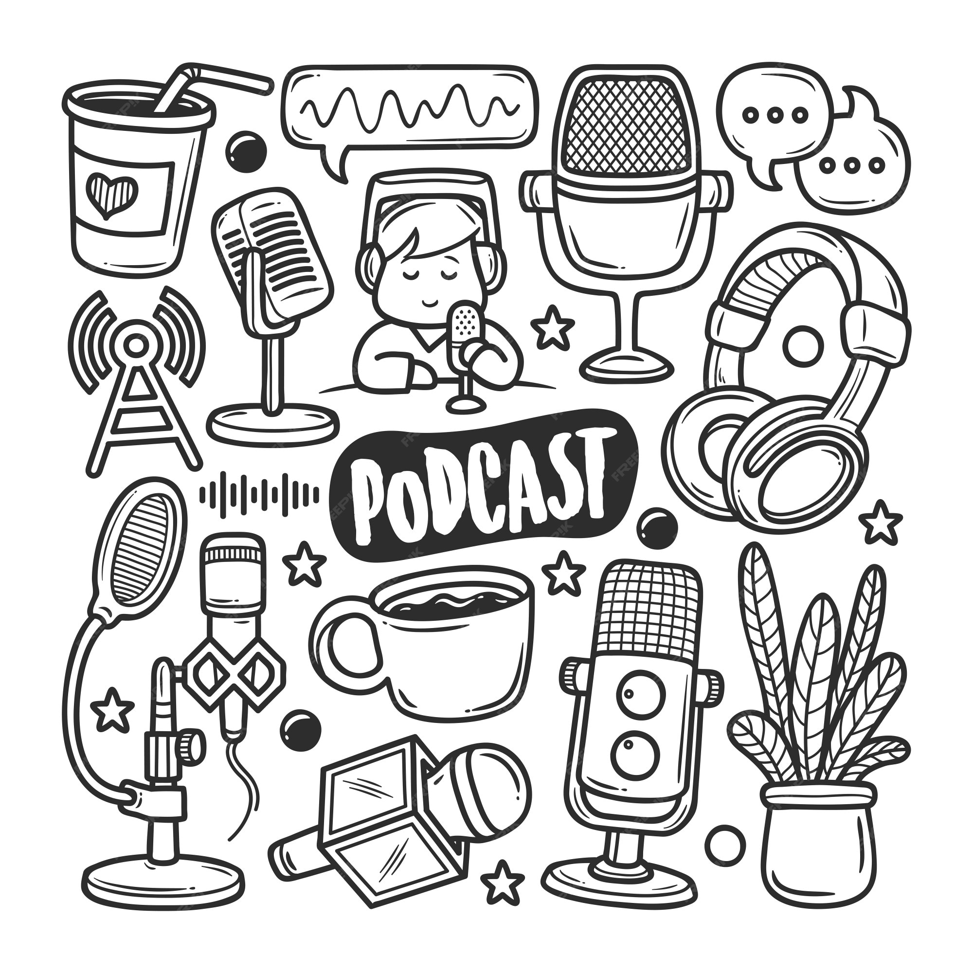Premium Vector Podcast icons hand drawn doodle coloring