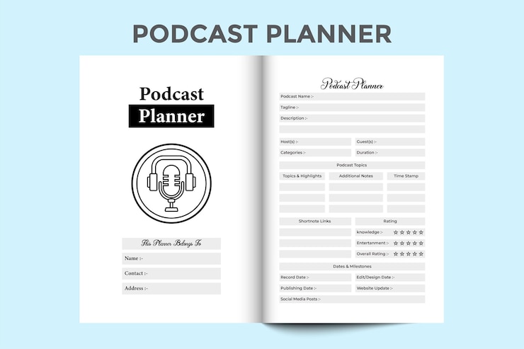Vector podcast info tracker kdp interior journal podcast regular topic information and scheduling logbook template kdp interior notebook radio post planner and guest info tracker interior