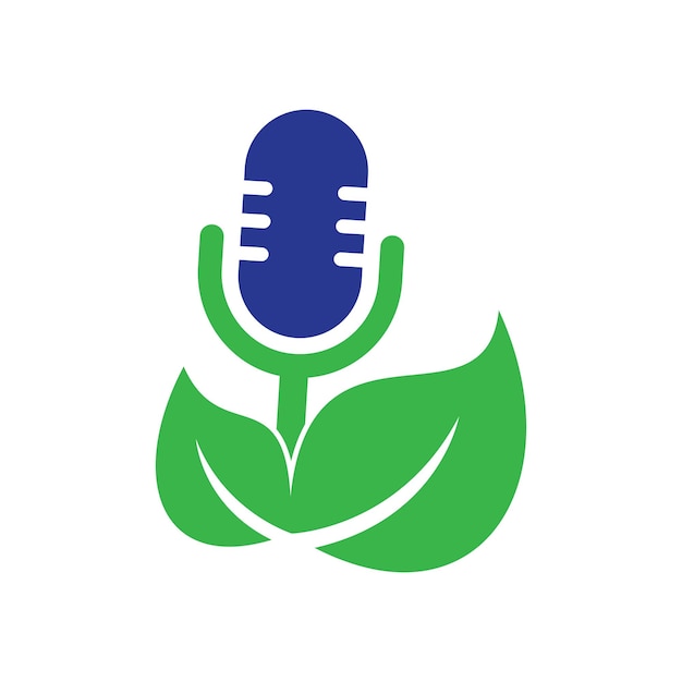 Дизайн векторного логотипа экологии листа подкаста. Логотип ток-шоу подкаста с микрофоном и листьями.