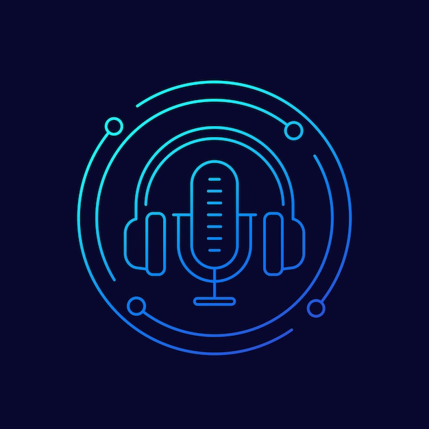 Vector podcast line icon with headphone and microphone