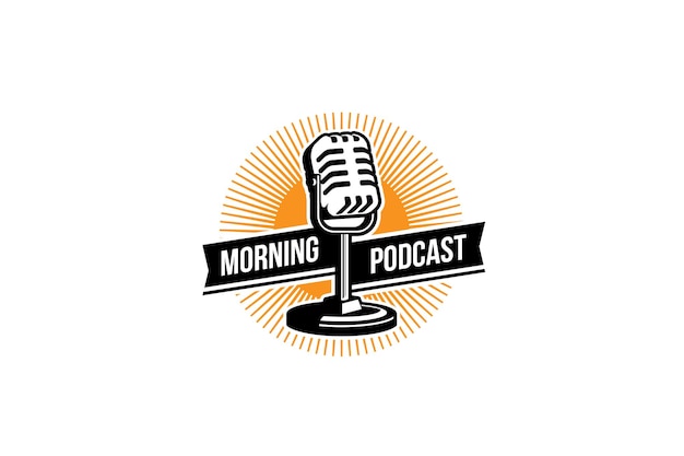 Podcast logo design template Mic microphone and sunrise illustration