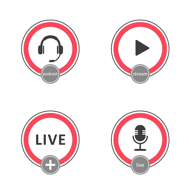 Vector podcast-logo-set. symbolen en knoppen van live streaming, uitzendingen.