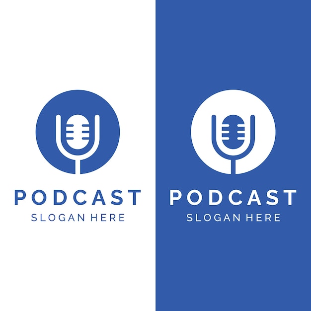 스튜디오 인터뷰 멀티미디어 및 웹을 위한 최신 유행 마이크 오디오 Podcast가 포함된 Podcast 로고 템플릿 벡터 디자인