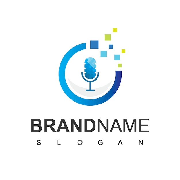 Podcast logo using microphone and pixel or technology icon