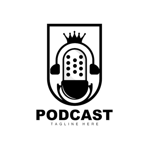 Podcast logo vector auricolare e chat semplice design del microfono vintage