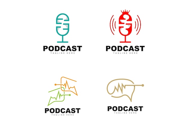 Podcast logo vector auricolare e chat semplice design del microfono vintage