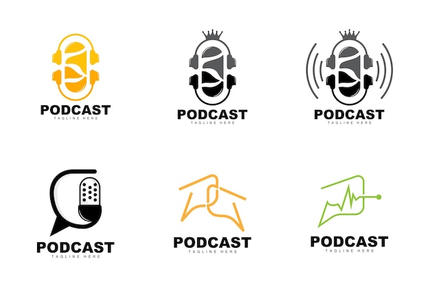 Podcast logo vector headset en chat eenvoudig vintage microfoon design