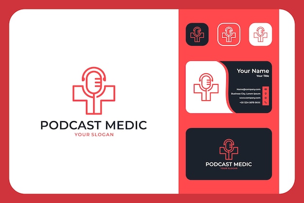 Podcast medical modern line art logo design and business card