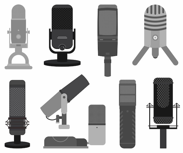 Vector podcast mircophone icon set music studio podcast speaker vector badges collection different models such as rode ntusb blue yeti mic rode procaster mic etc recording studio symbol