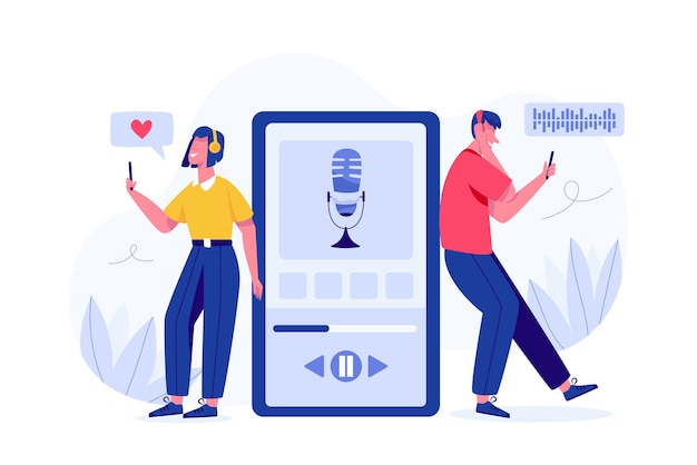 Podcast motivation and inspiration concept. man and woman listening to audio in headphones, podcast app on smartphone. phone with mic, buttons and ui sliders. interface for audio control illustration