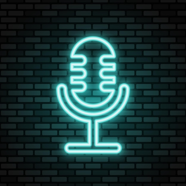 Podcast neon icon. Blue neon sign on dark brick wall.