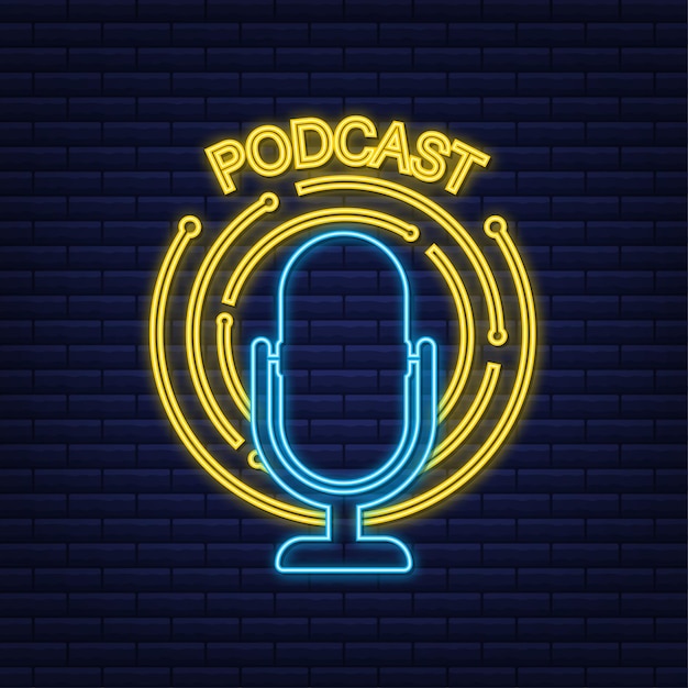 Vector podcast neon sign. the microphone icon. broadcast podcast. vector stock illustratio.